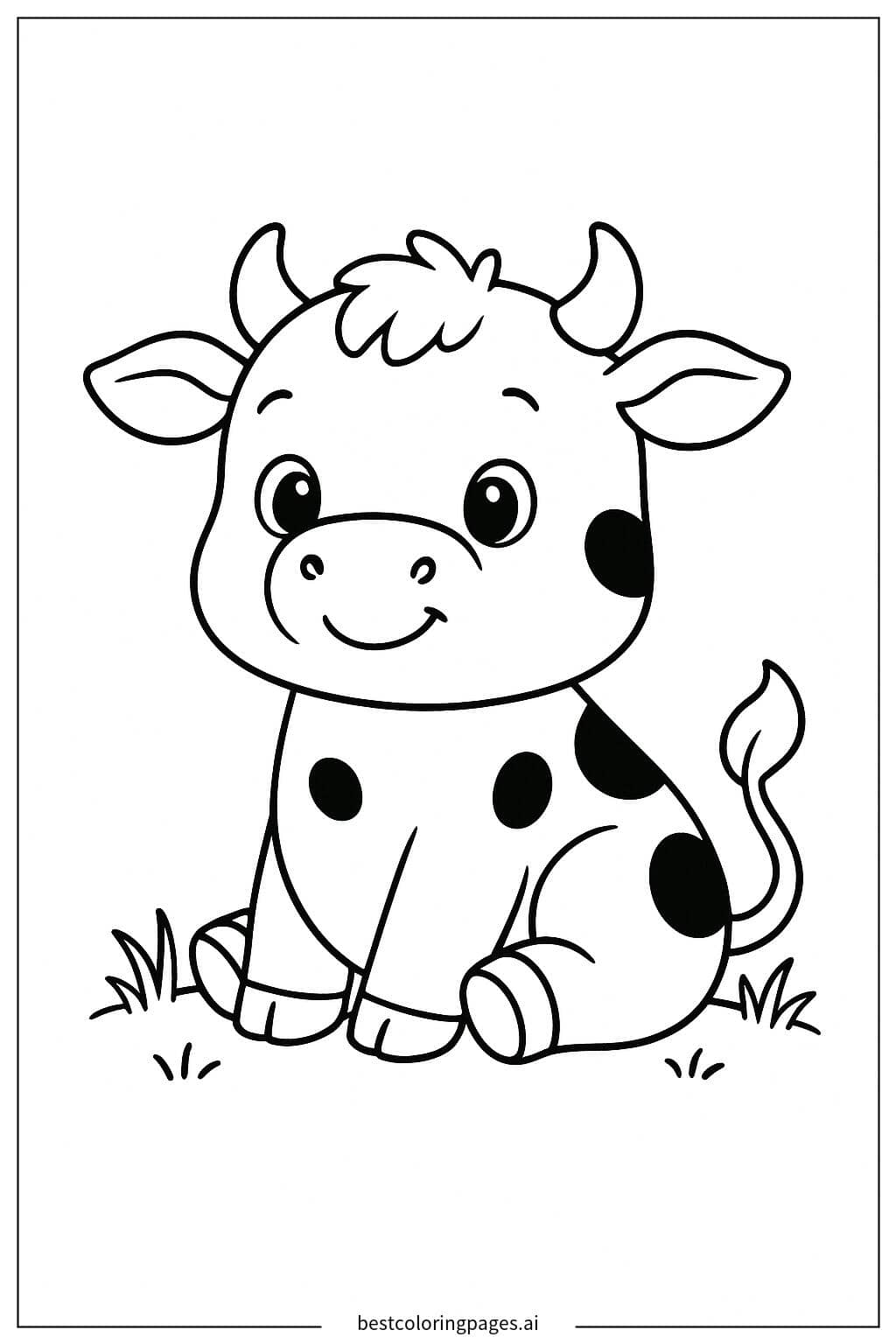 Adorable Baby Cow Sitting on the Grass Coloring Page