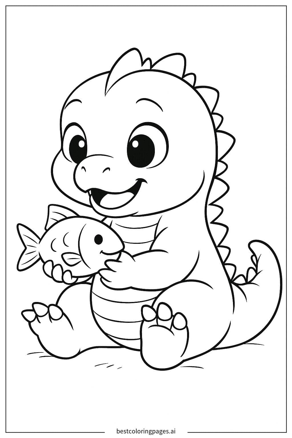 Baby Godzilla Playing with a Fish Coloring Page