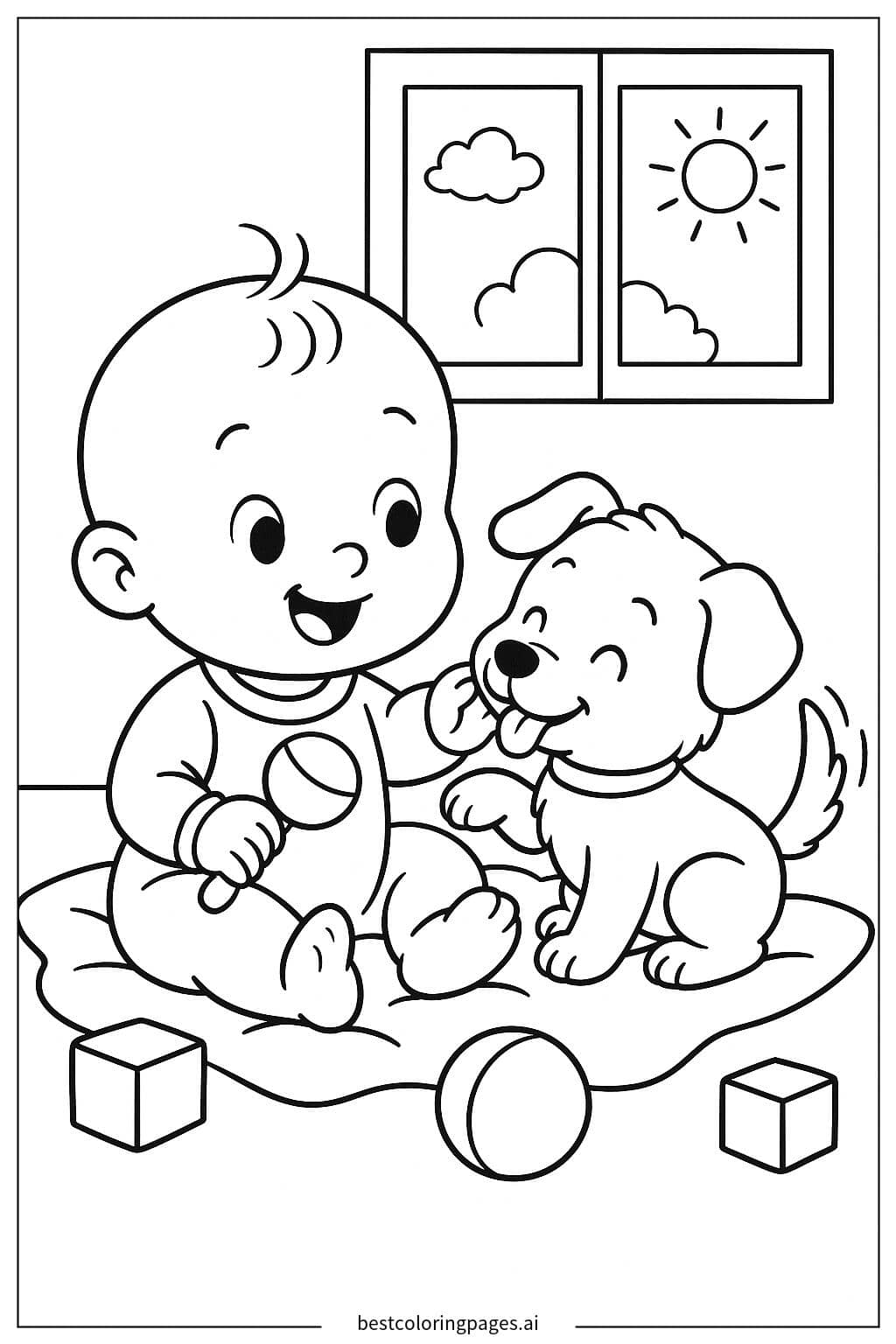 Baby Playing with a Puppy Coloring Page