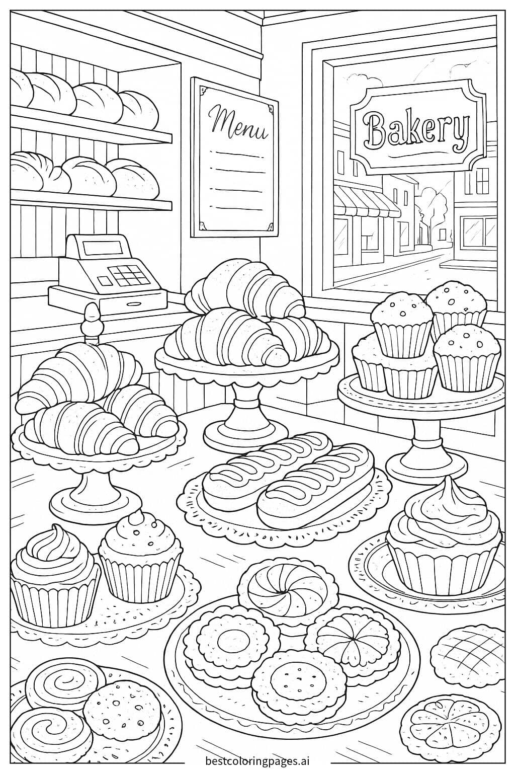 Bakery Display with Delicious Pastries Coloring Page