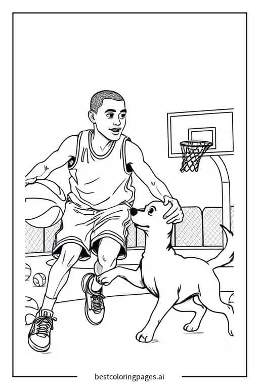Basketballspieler spielt mit einem Hund Ausmalbilder