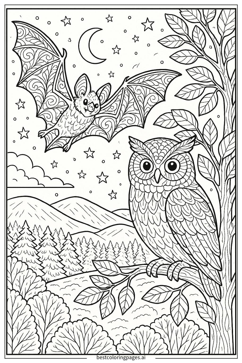 Desenhos de Morcego e coruja compartilhando o céu noturno para Colorir