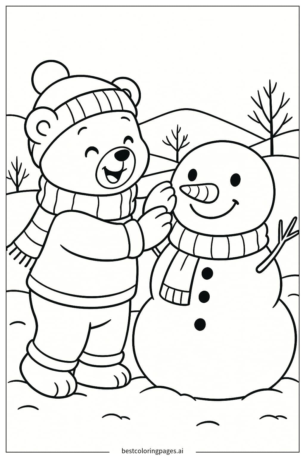 Desenhos de Urso construindo um boneco de neve para Colorir