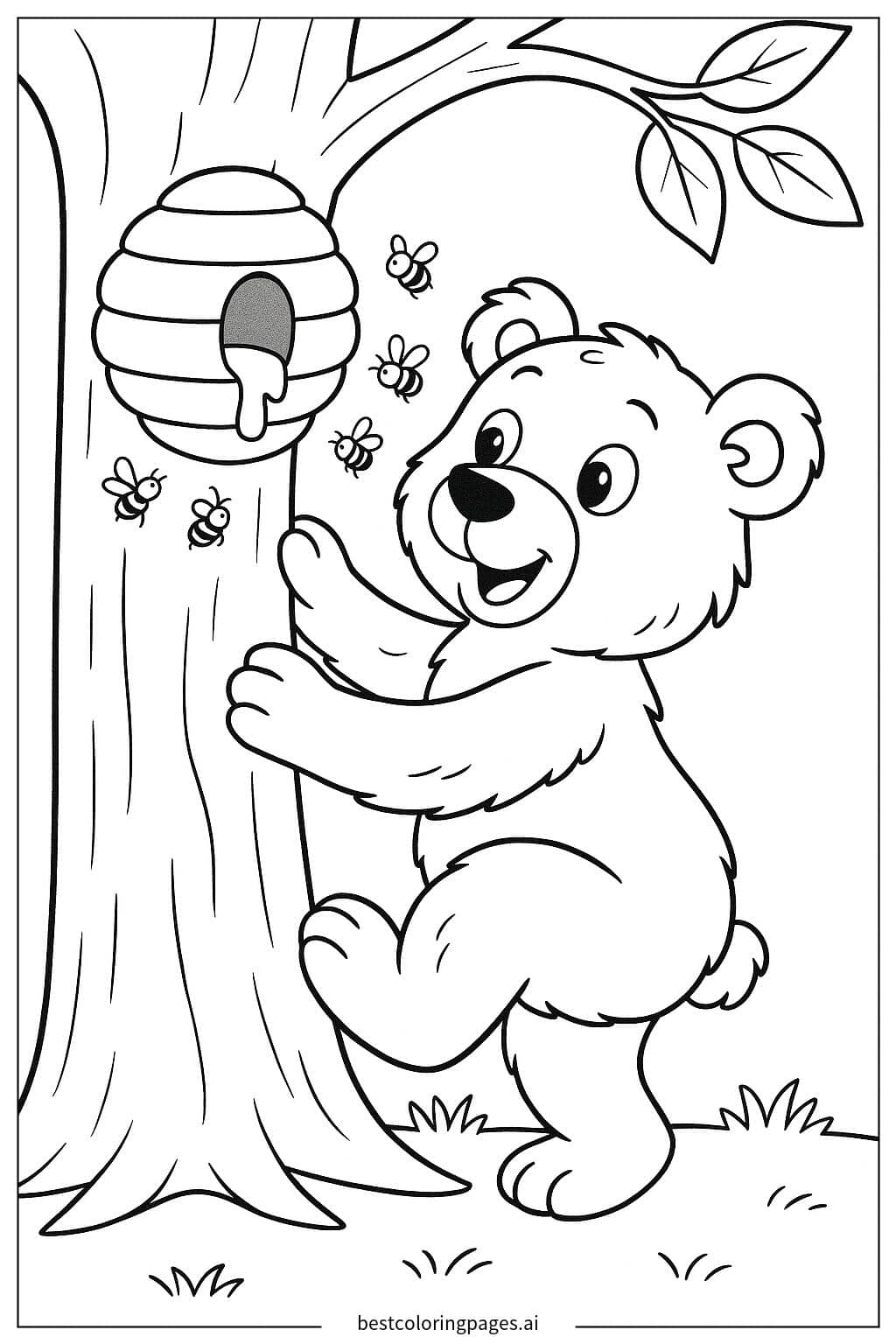 Desenhos de Urso subindo na árvore para pegar mel para Colorir