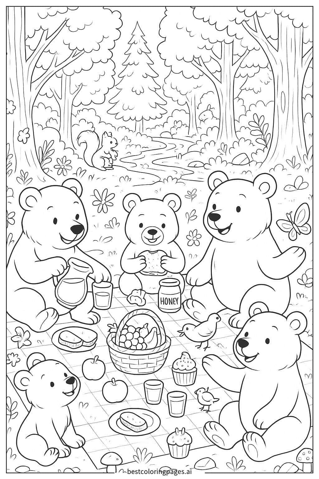 Desenhos de Ursos fazendo um piquenique na floresta para Colorir