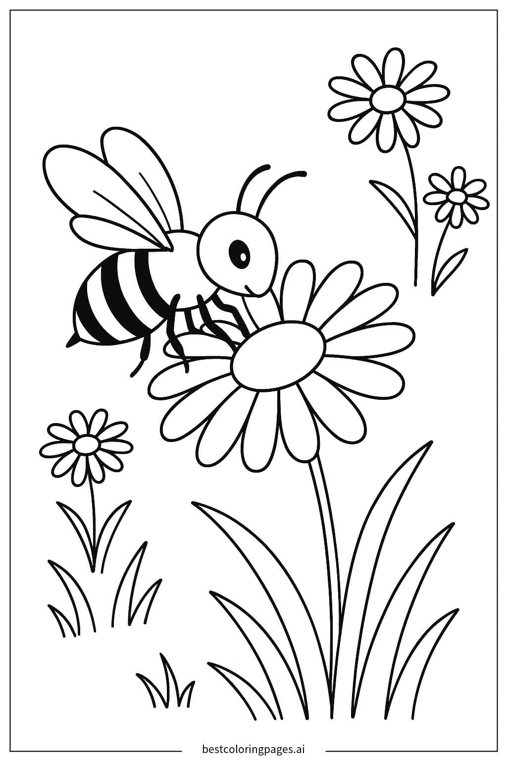 Bee Collecting Nectar from a Daisy Coloring Page