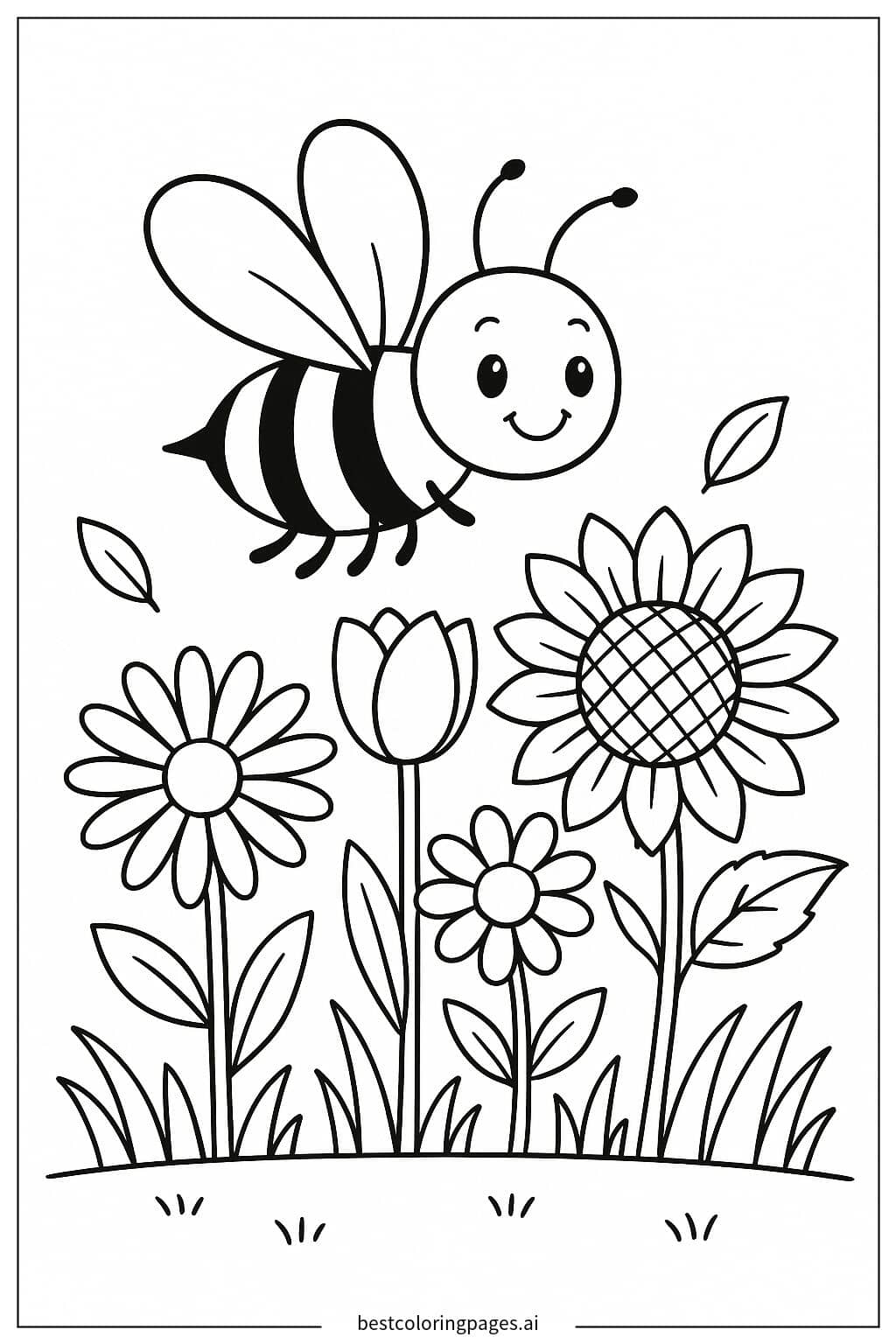 Bee Flying Around Flowers Coloring Page