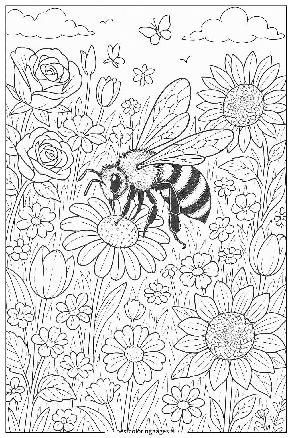 Bee Collecting Nectar from Beautiful Flowers Coloring Page