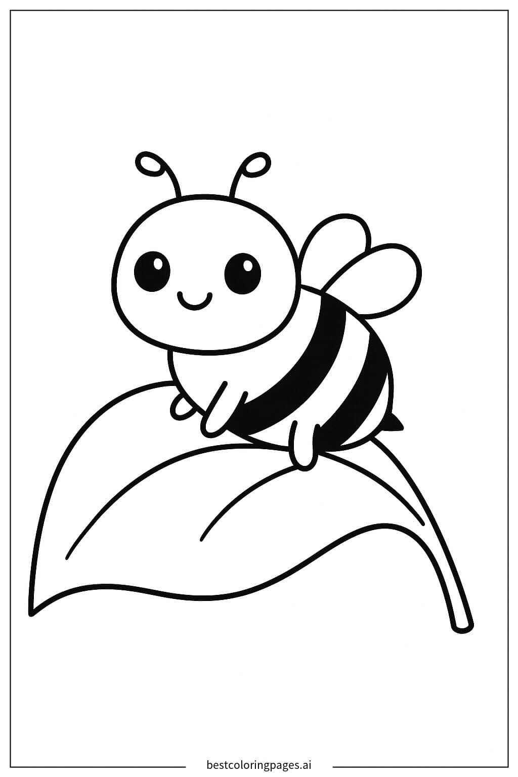 Cheerful Bee Sitting on a Leaf Coloring Page