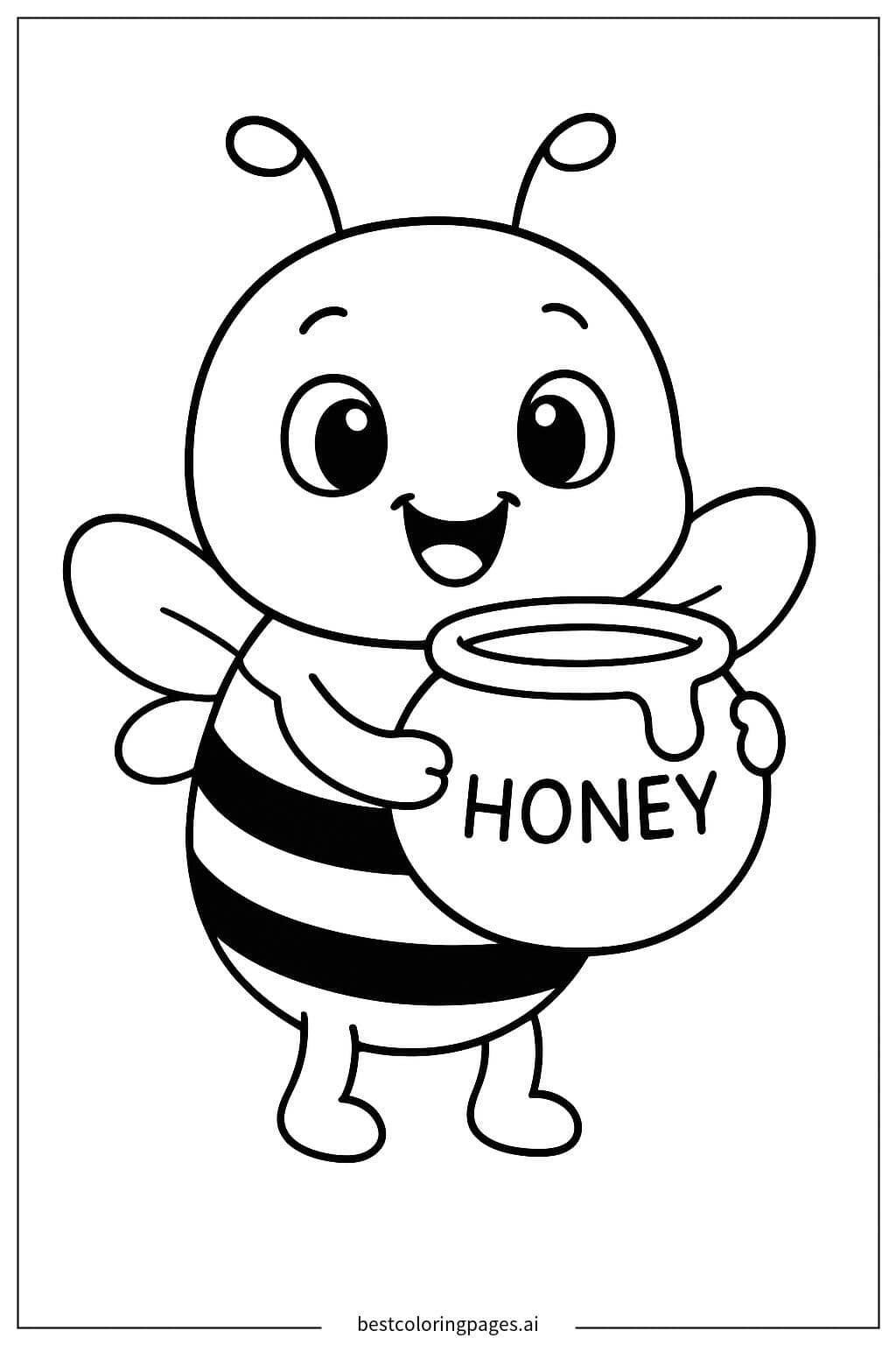 Cheerful Bee with Honey Jar Coloring Page