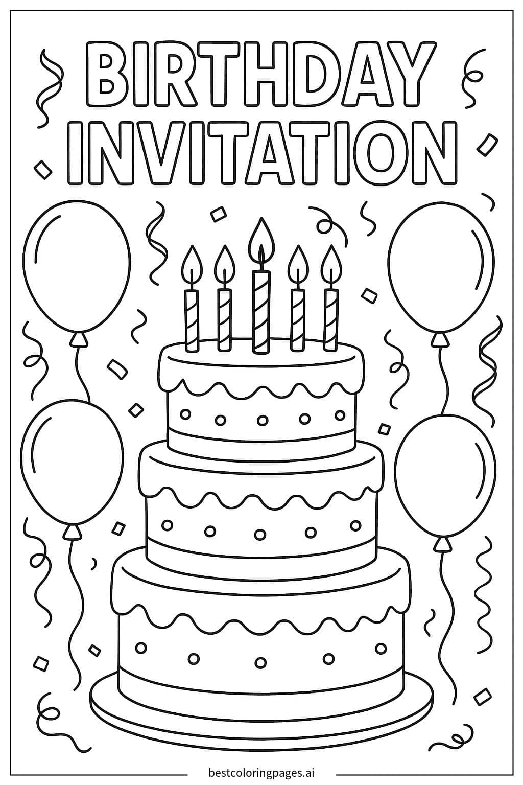 Three-Tier Birthday Cake with Balloons Coloring Page