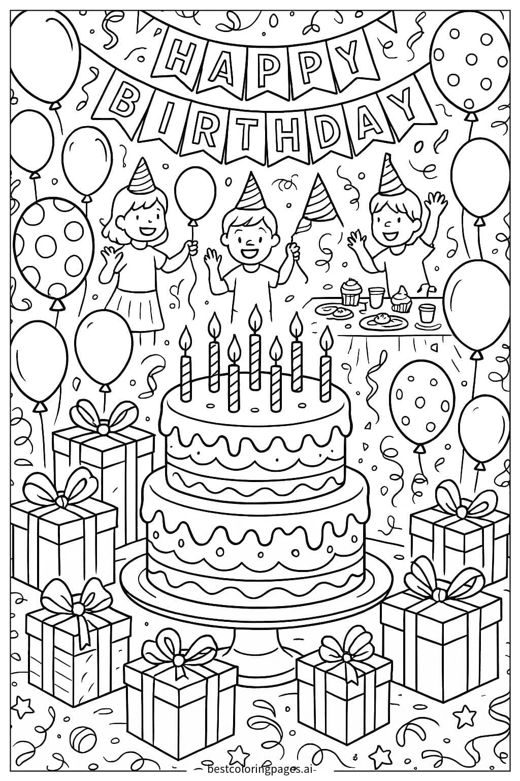Birthday Party Fun with Balloons and Cake Coloring Page