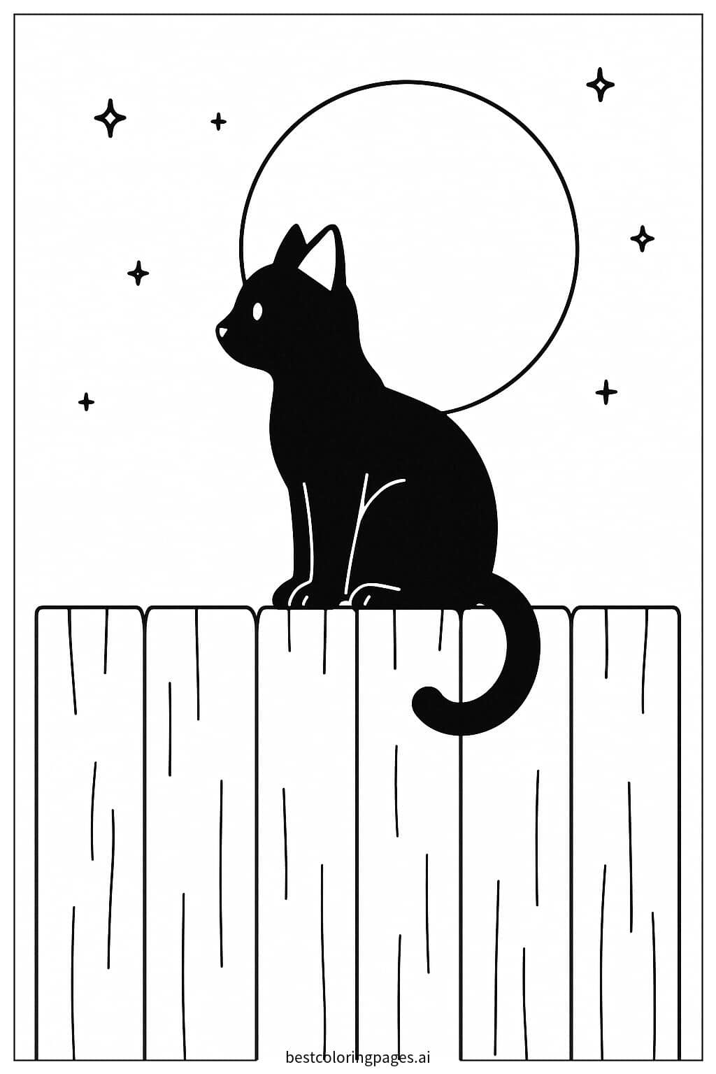 Black Cat Sitting on a Fence Coloring Page