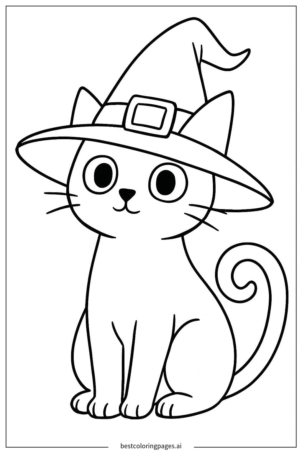 Black Cat Wearing a Witch Hat Coloring Page