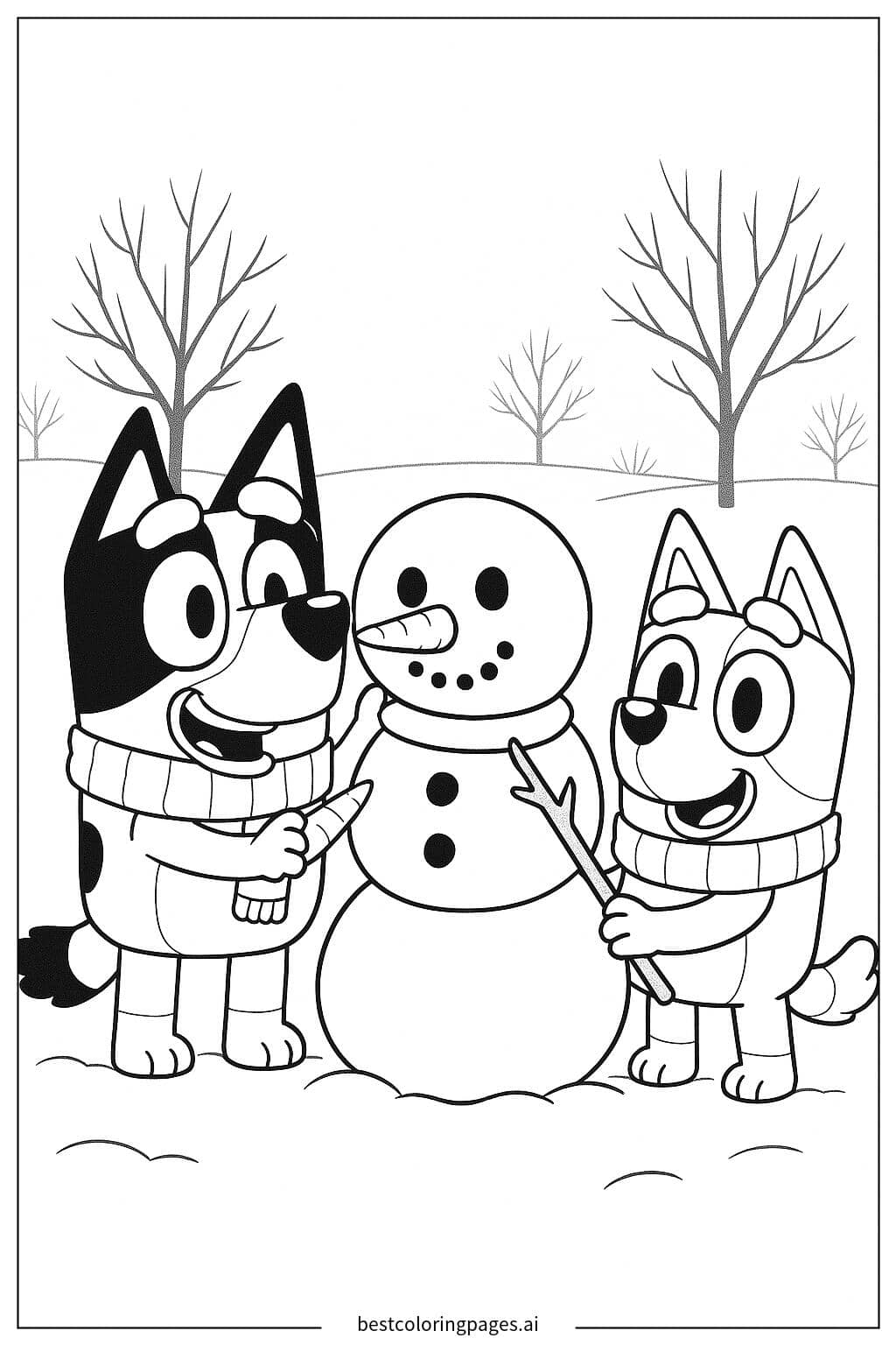 Coloriage Bluey et Bingo construisent un bonhomme de neige