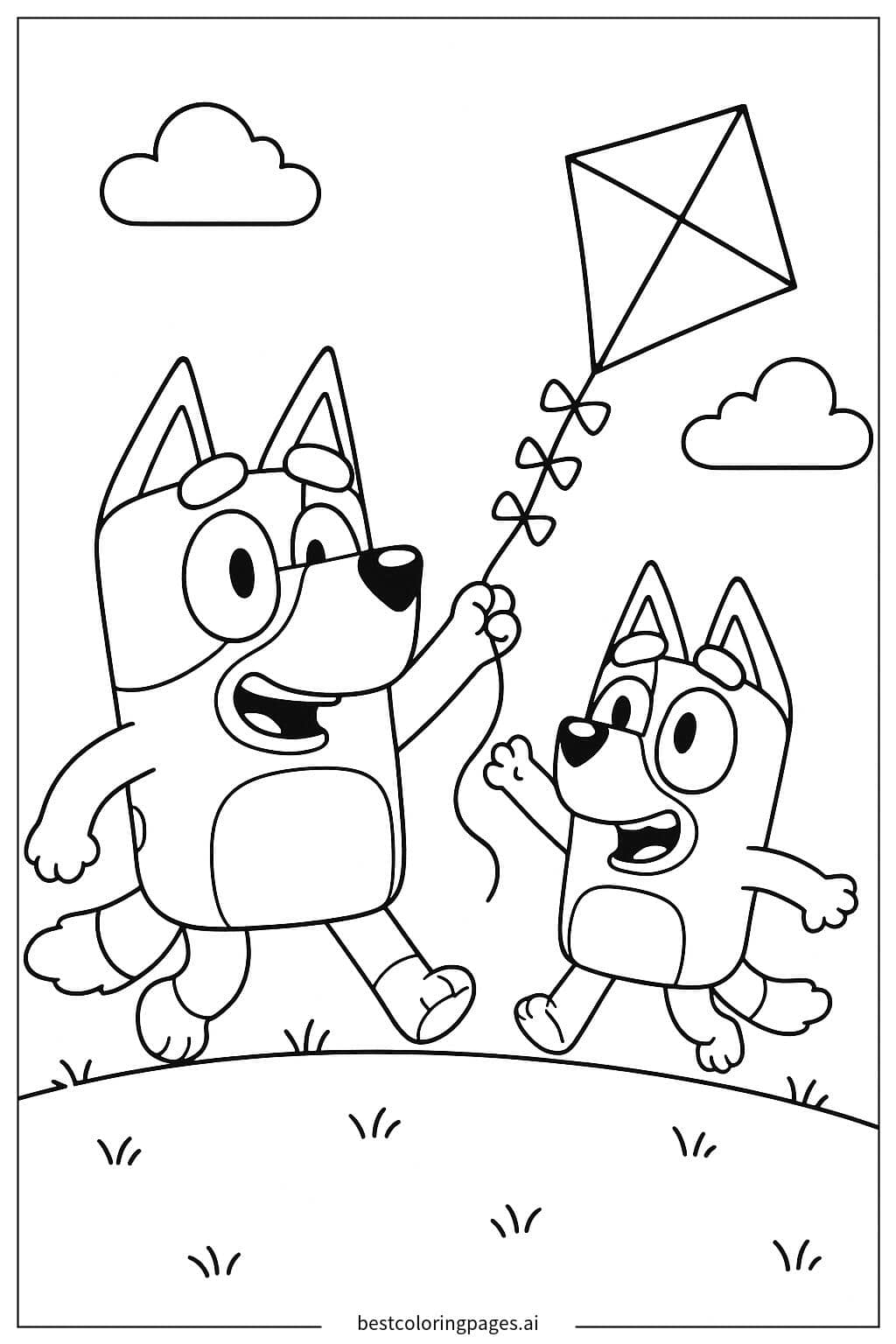 Bluey and Bingo Flying a Kite Coloring Page