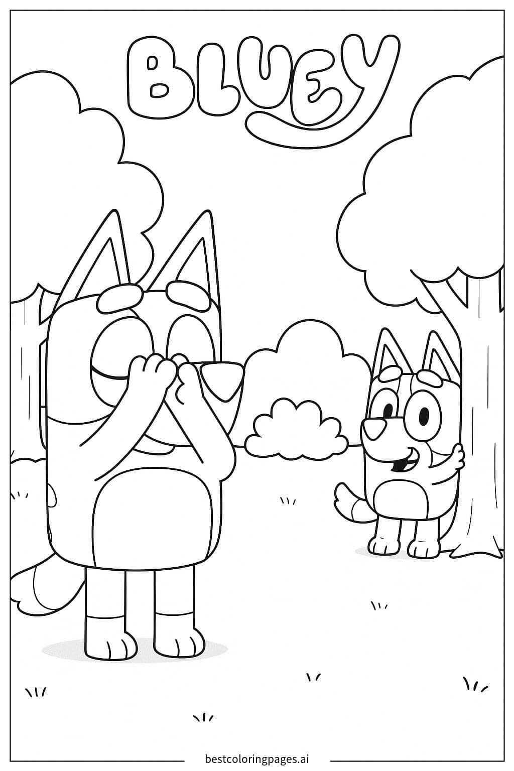 Bluey and Bingo's Hide and Seek Adventure Coloring Page