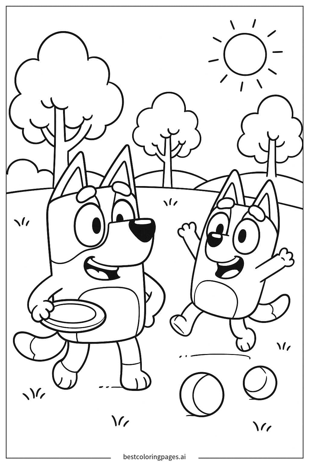 Coloriage Bluey et Bingo jouent dans le parc