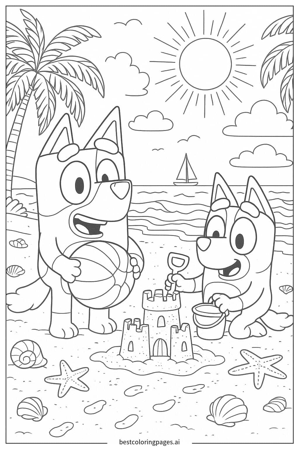 Coloriage Bluey et Bingo jouent sur la plage