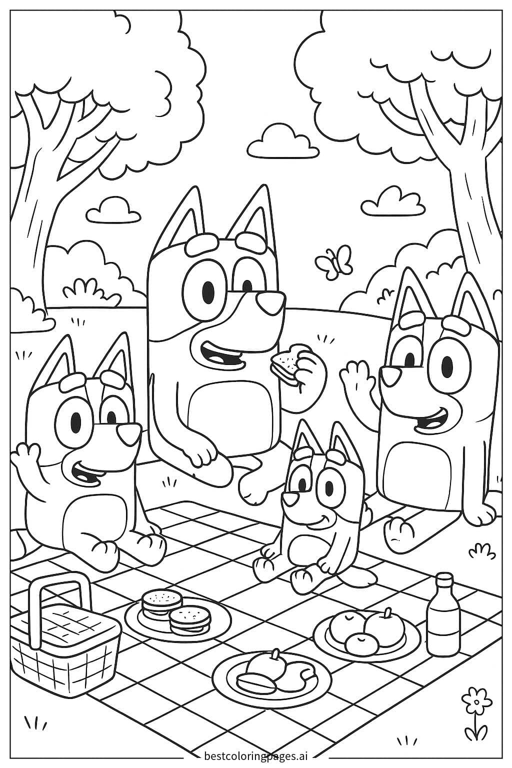 Bluey Family Picnic in the Park Coloring Page