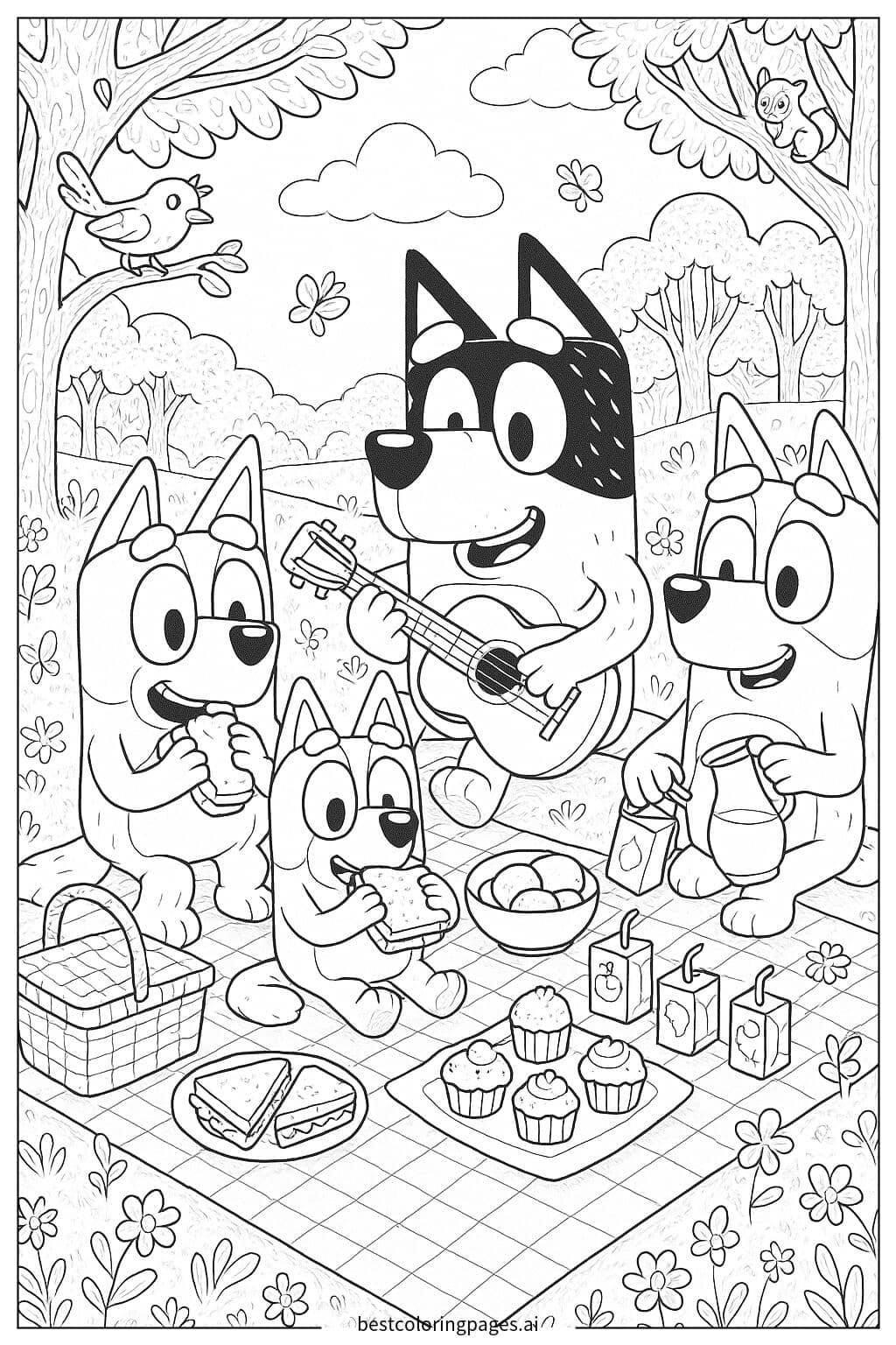 Coloriage Pique-nique en famille avec Bluey