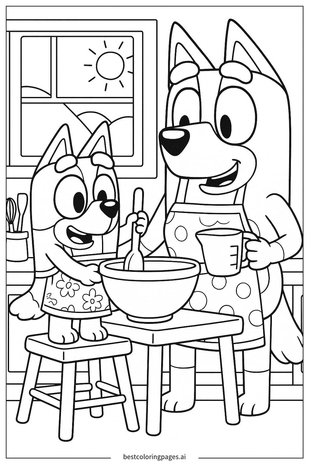 Coloriage Bluey aide maman à cuisiner