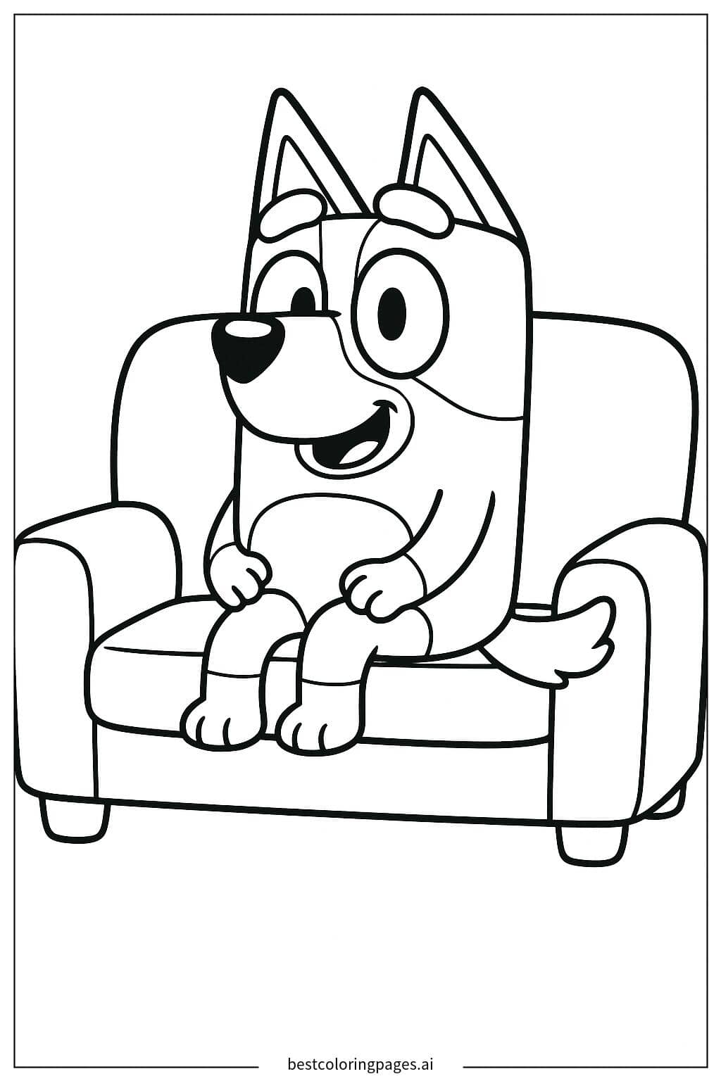 Coloriage Bluey assis sur le canapé