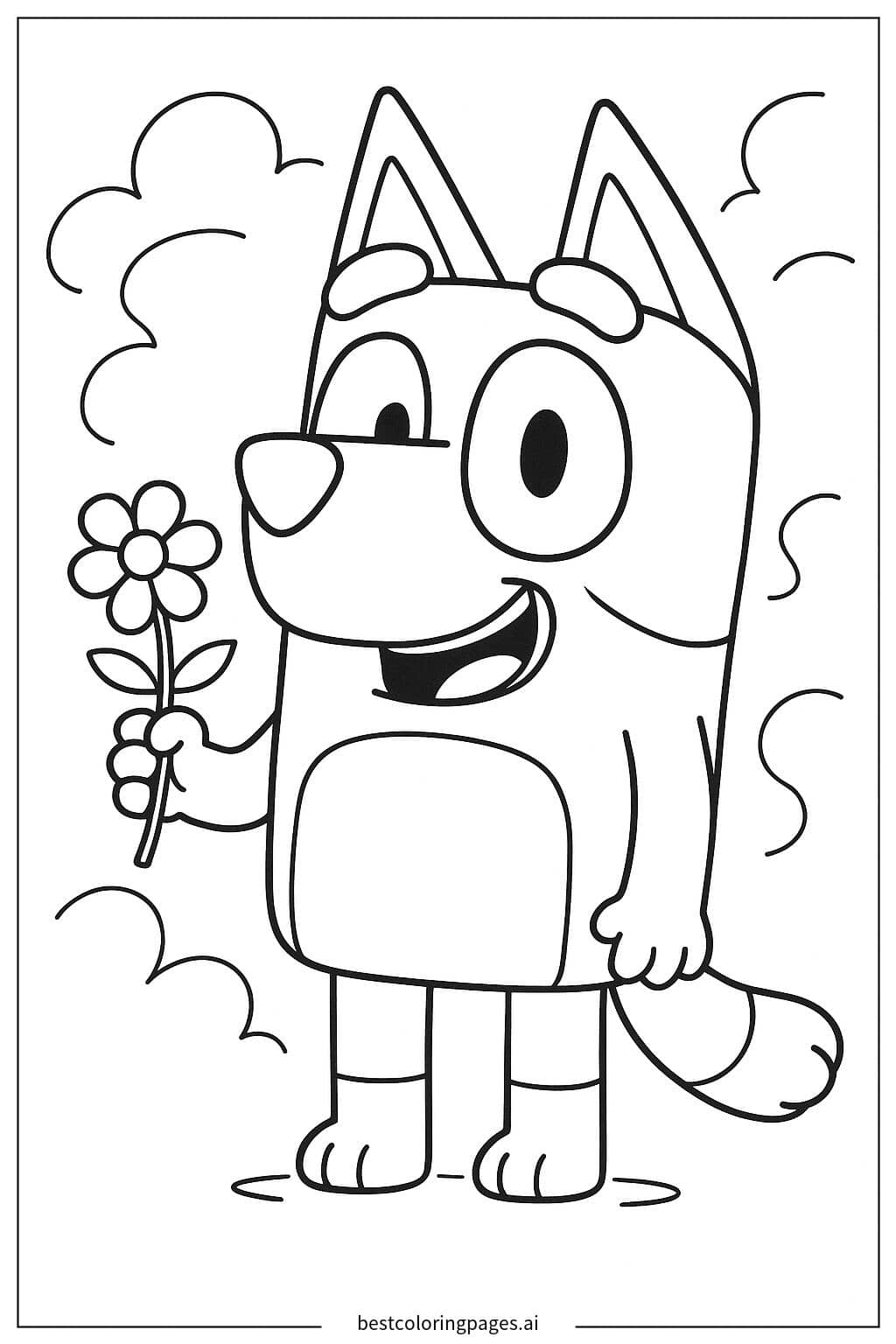 Bluey Smiling with a Flower Coloring Page