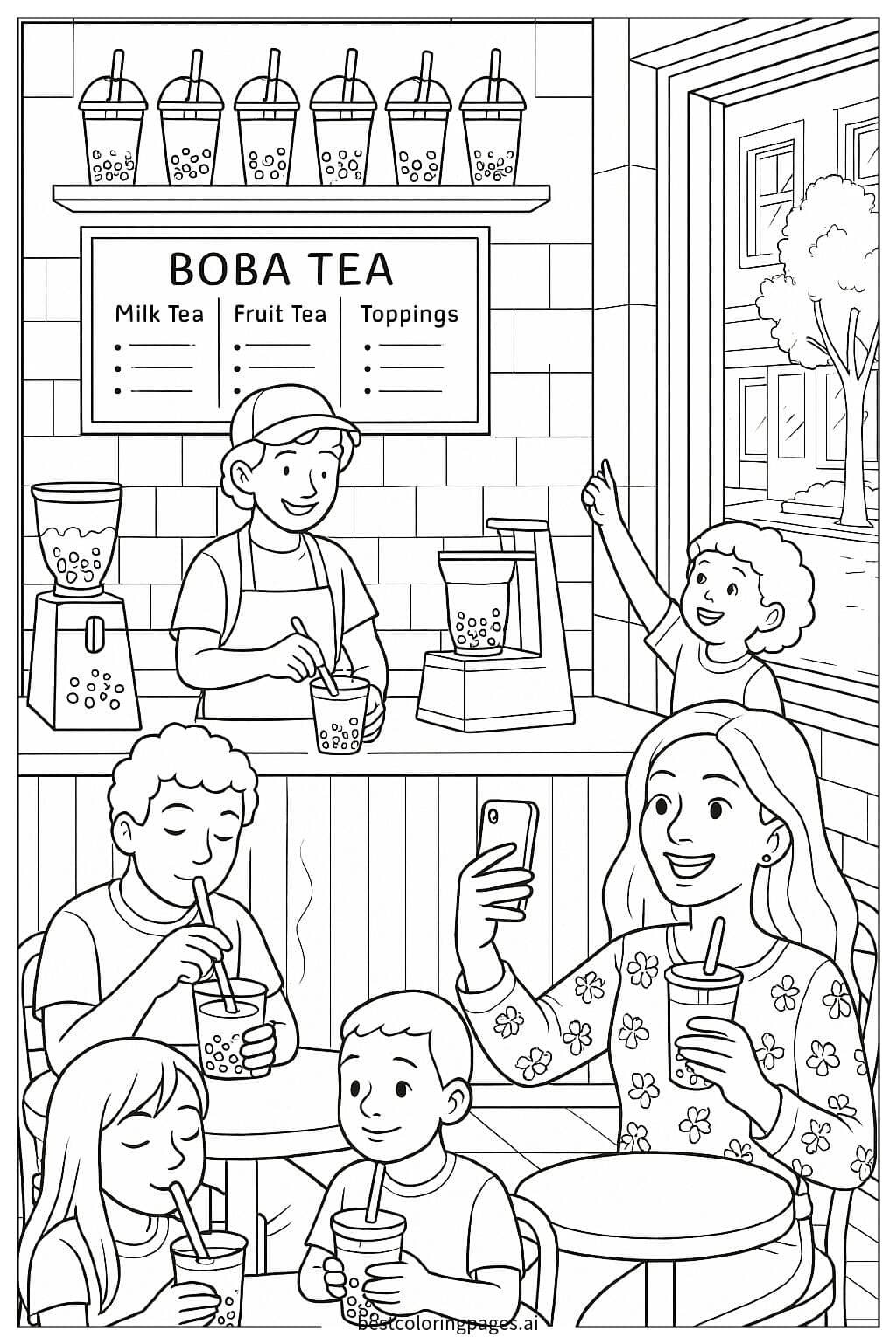 Boba Tea Shop Fun with Customers Coloring Page