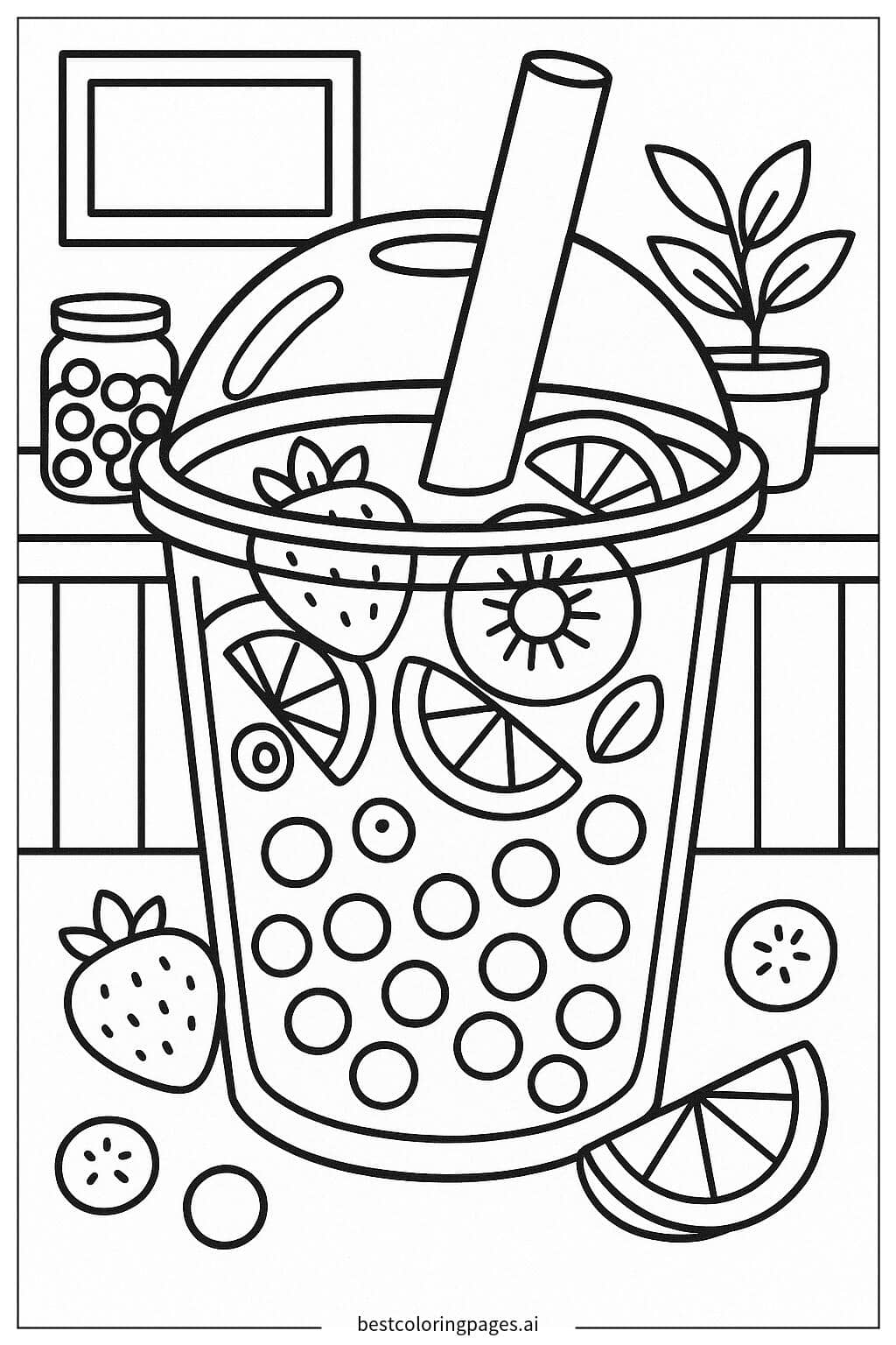 Boba Tea with Fruit Slices Coloring Page