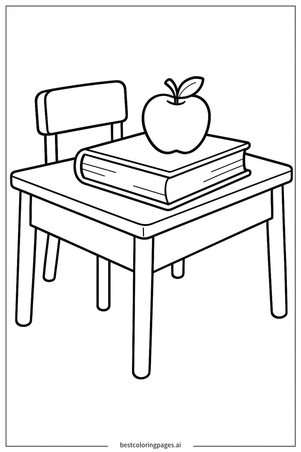 Books and Apple on a School Desk Coloring Page