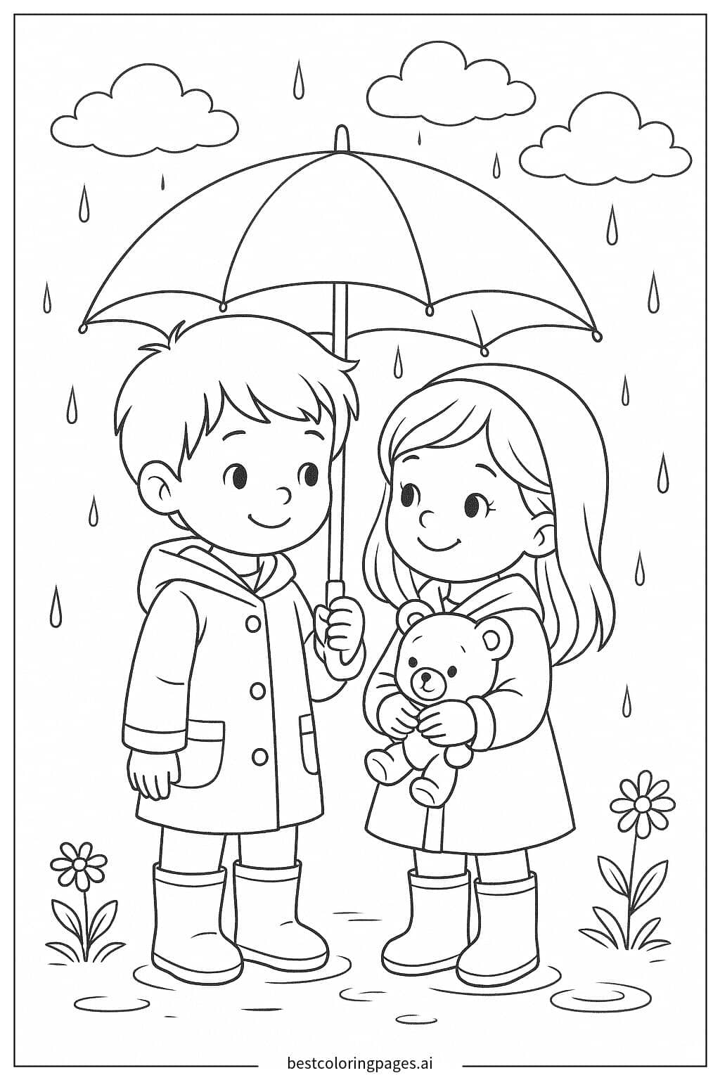 Boy and Girl Sharing an Umbrella Coloring Page