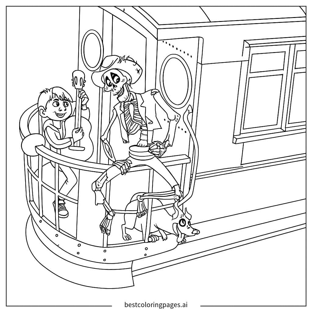 Boy and Skeleton Musician on a Train Coloring Page