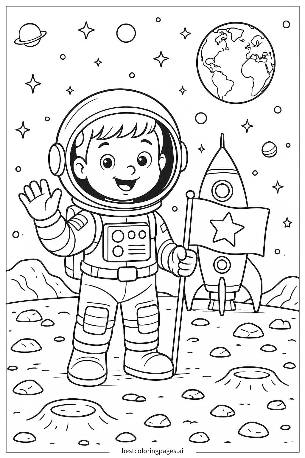 Boy Astronaut Exploring the Moon Coloring Page