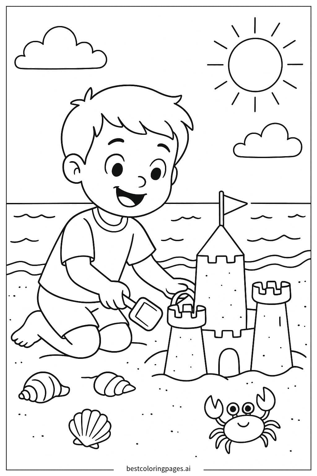 Boy Building a Sandcastle Coloring Page