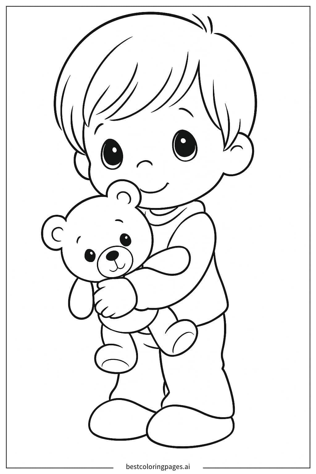 Adorable Boy with Teddy Bear Coloring Page