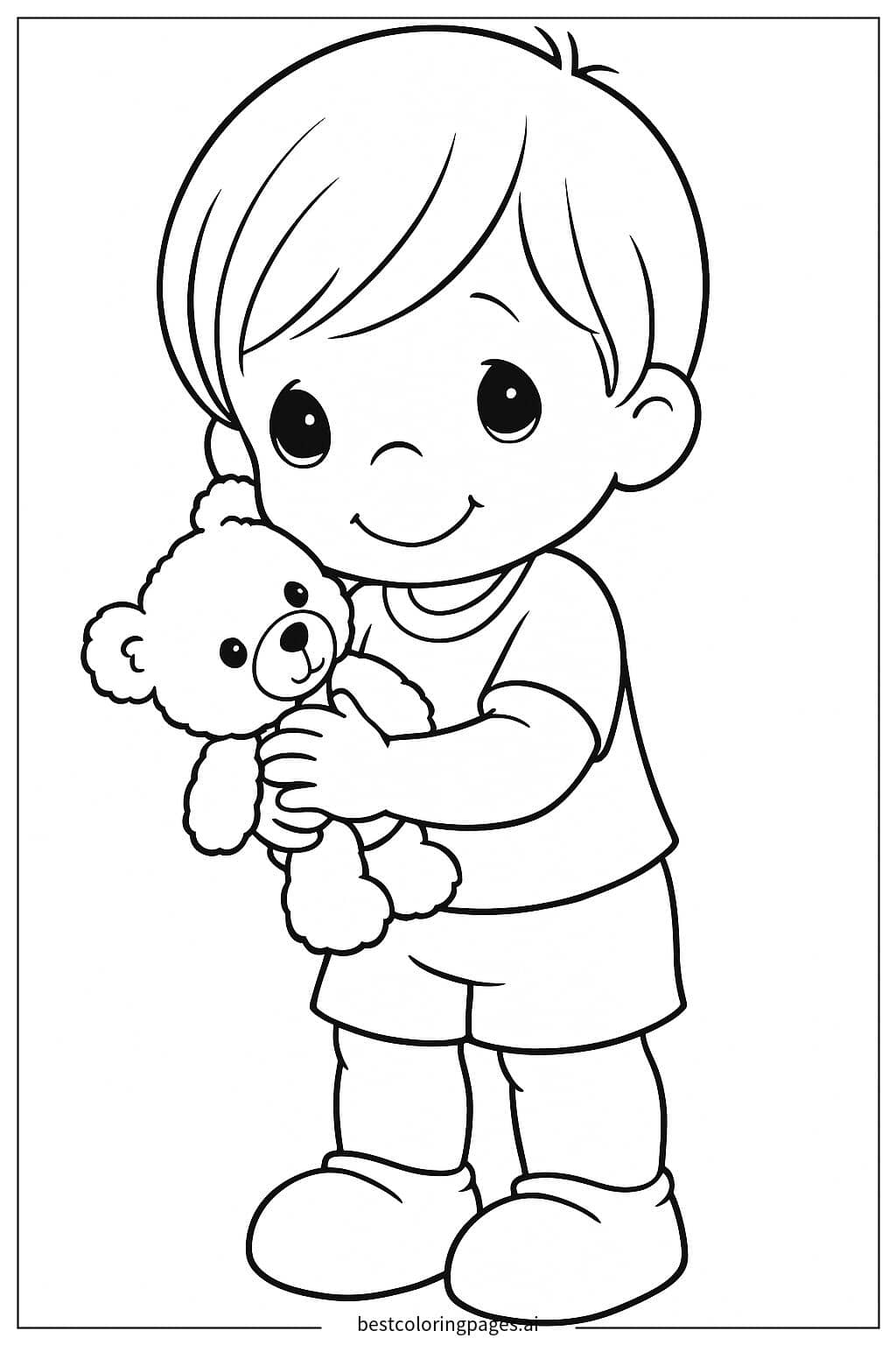 Boy Holding Teddy Bear Coloring Page