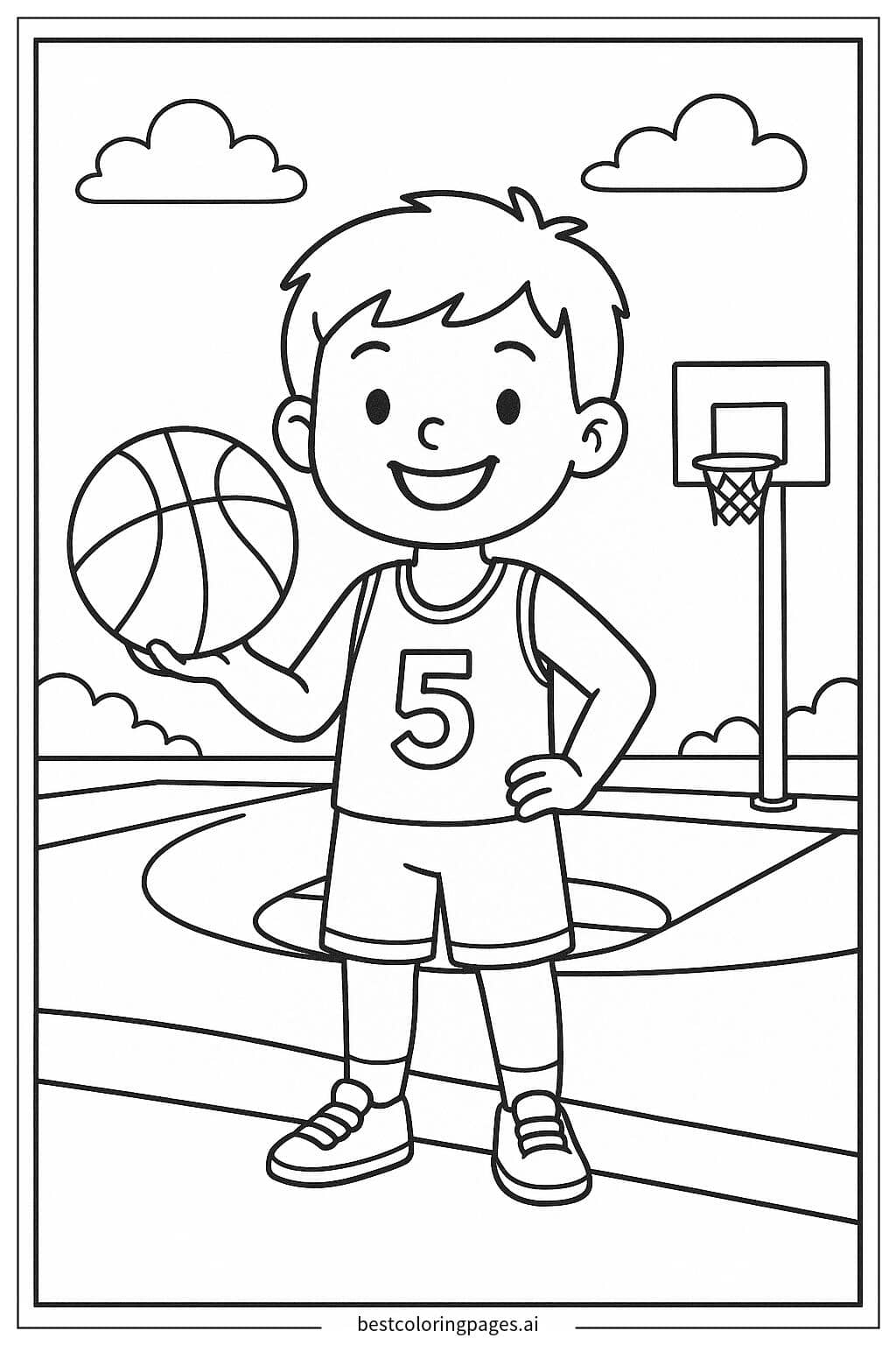 Boy Playing Basketball on a Court Coloring Page