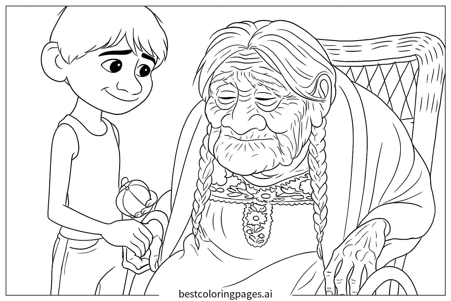 Heartwarming Moment: Boy with His Grandmother Coloring Page