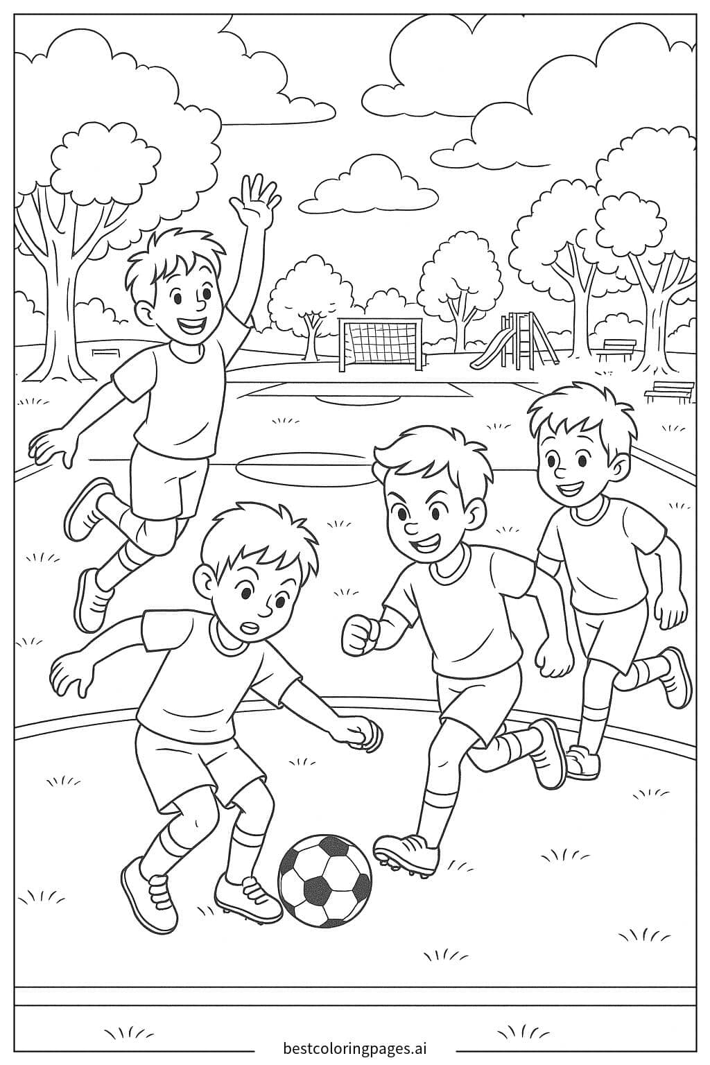Boys Playing Soccer in the Park Coloring Page