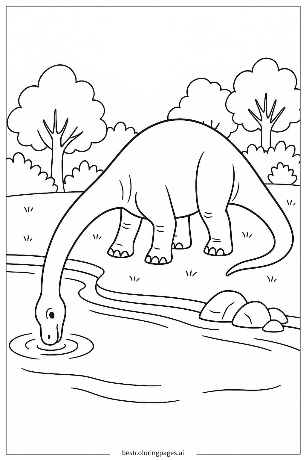 Desenhos de Braquiossauro bebendo água no rio para Colorir