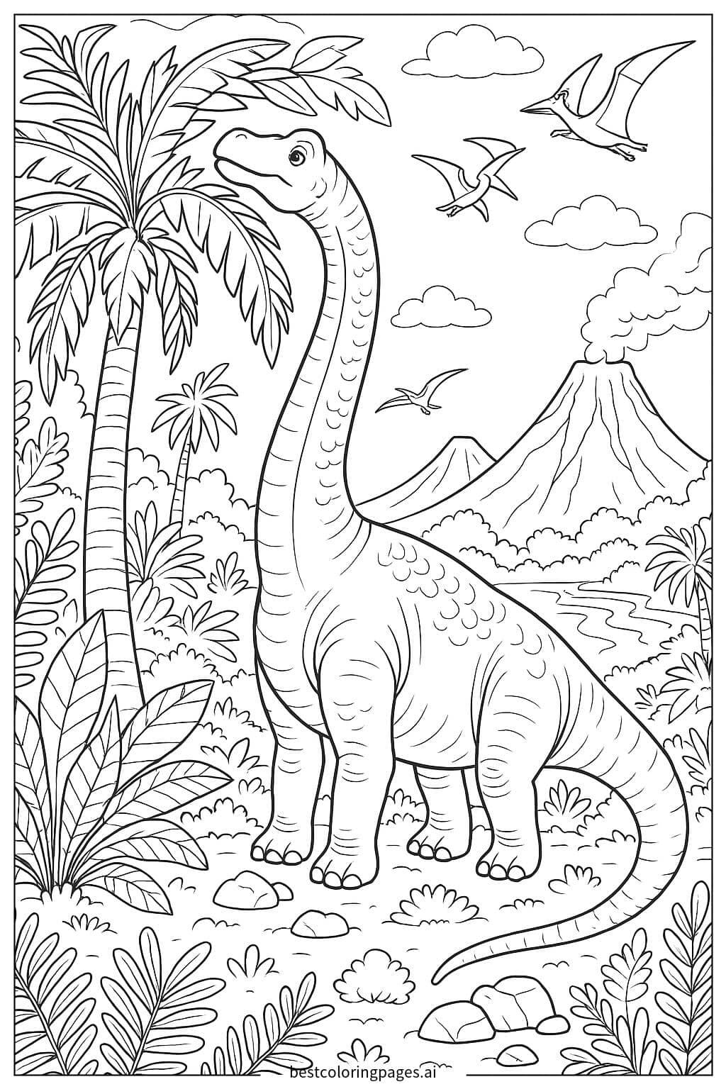 Desenhos de Braquiossauro em uma selva pré-histórica para Colorir