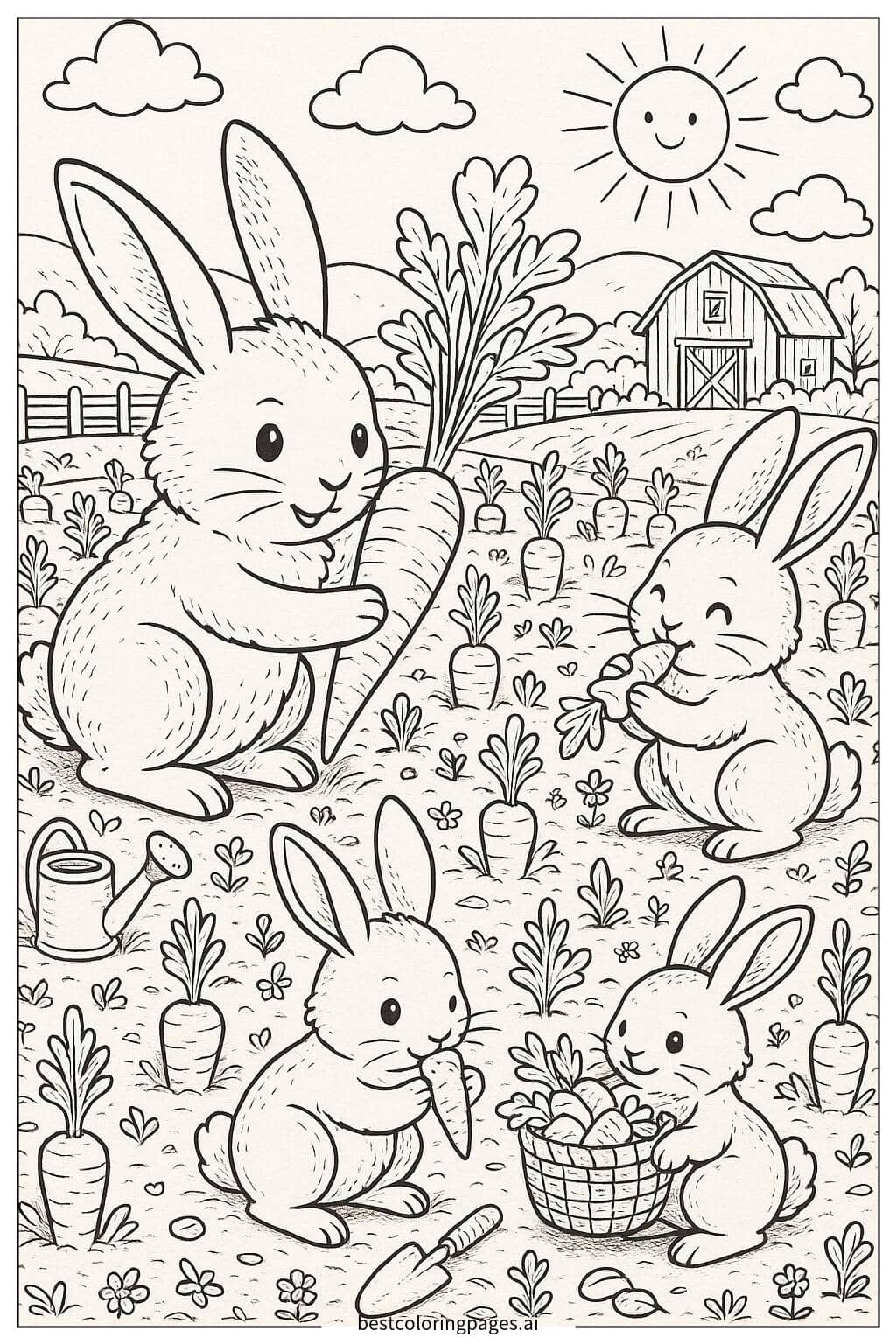 Bunnies Harvesting Carrots Coloring Page