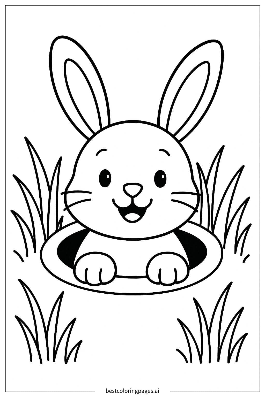 うさぎが穴から顔をのぞかせている のぬりえ