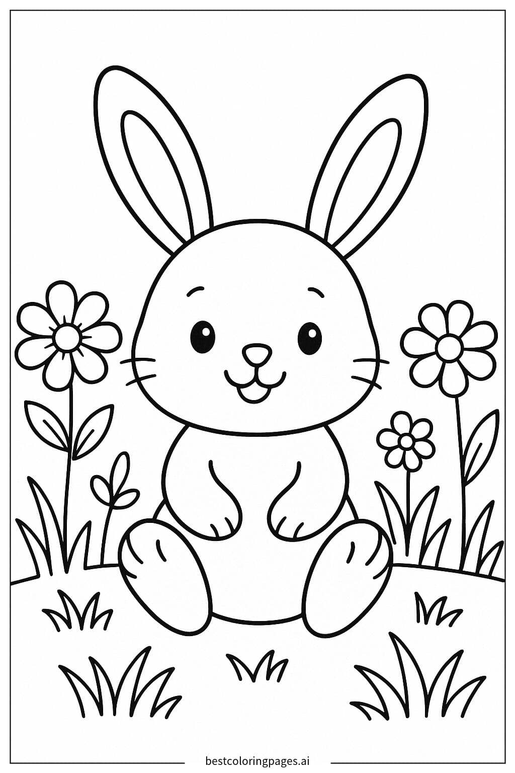 花畑に座るうさぎ のぬりえ