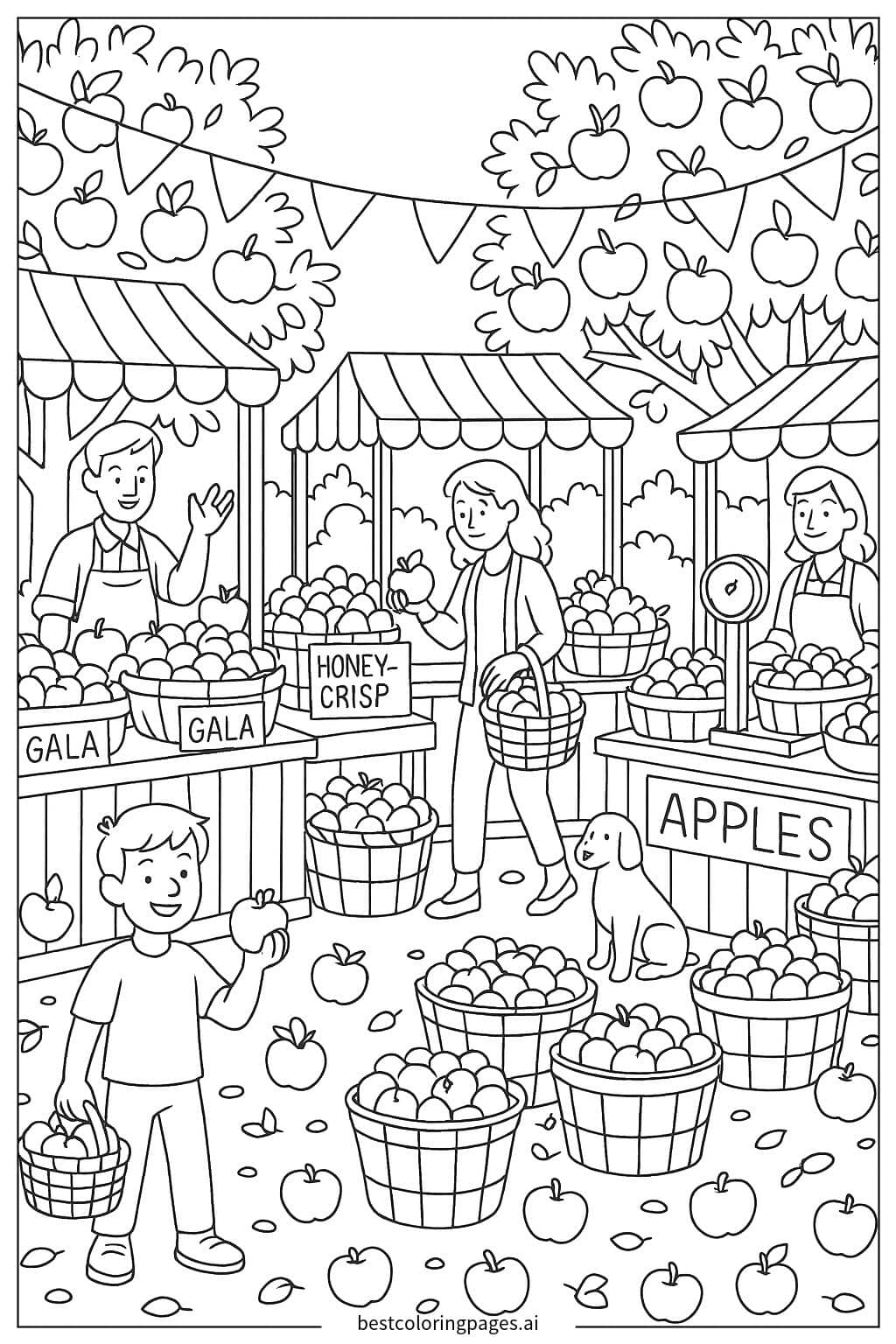 Lively Apple Market Scene Coloring Page