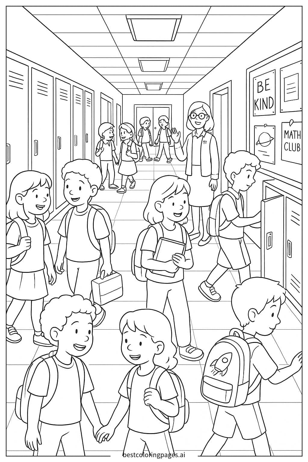 Lively School Hallway Scene Coloring Page