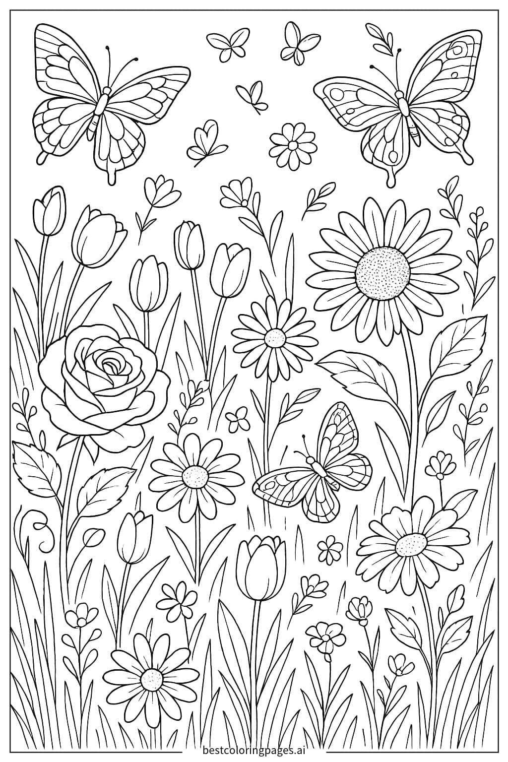 Butterflies and Flowers in a Meadow Coloring Page