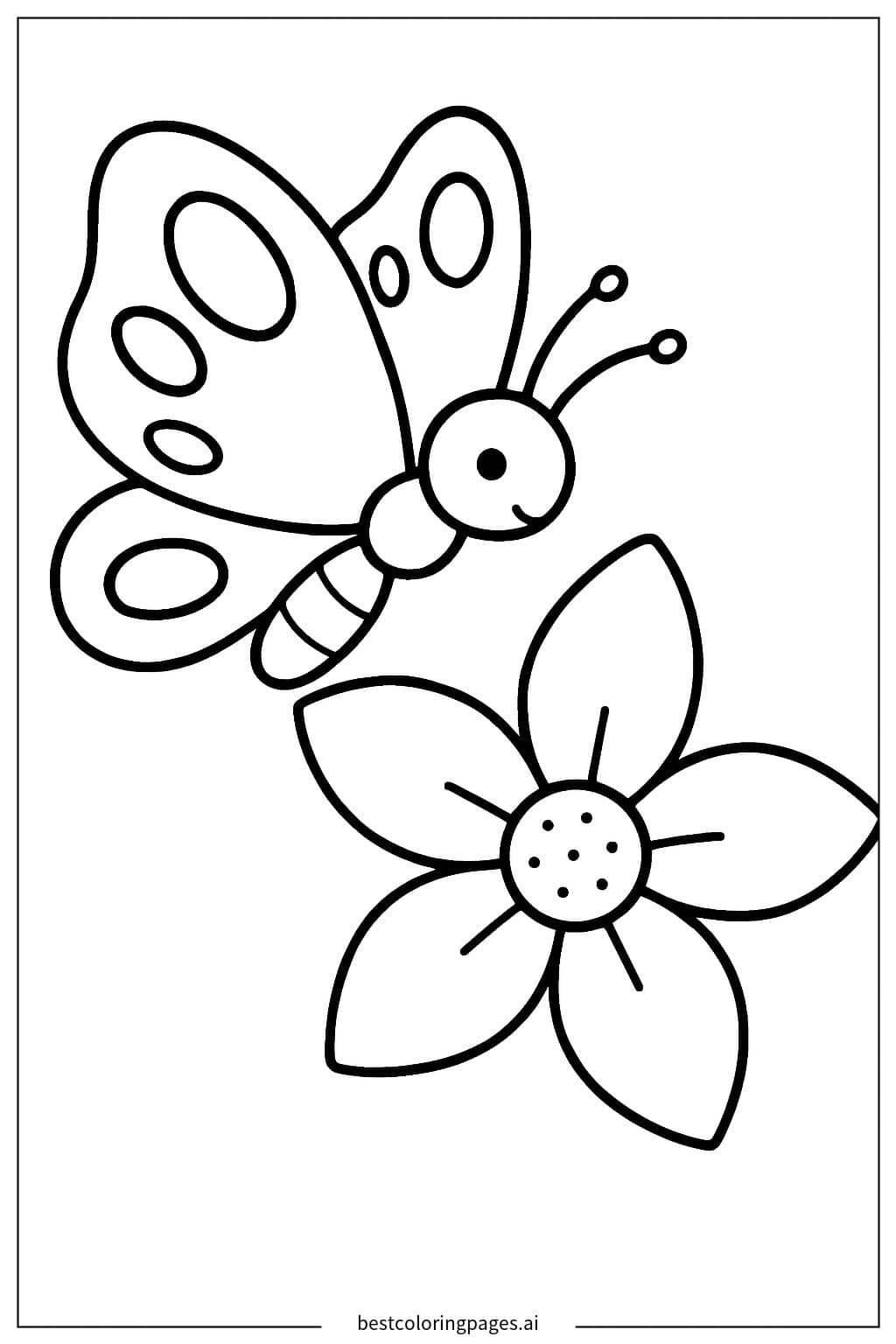 Butterfly Flying Near a Star Flower Coloring Page