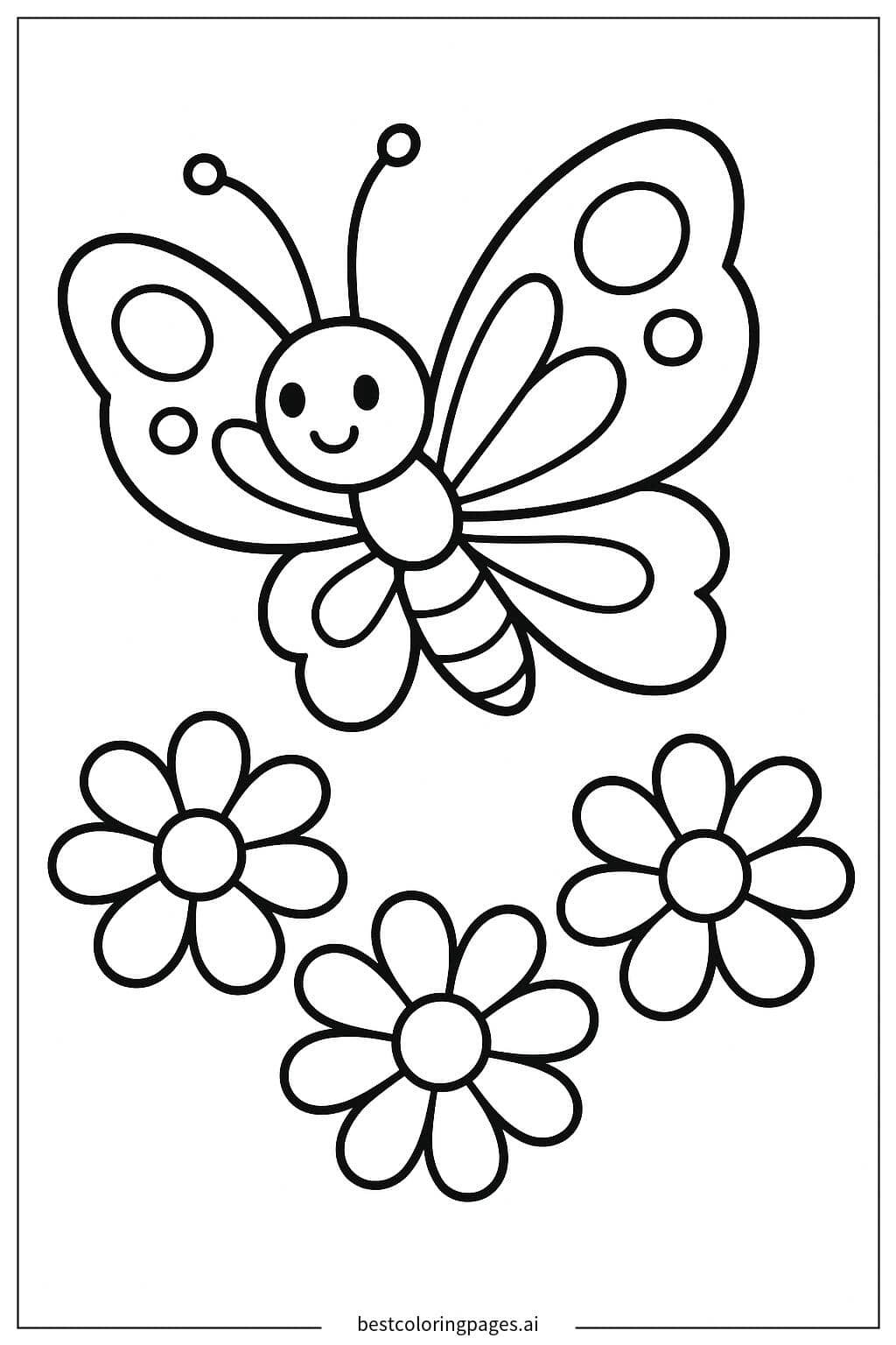 Butterfly Flying Over Flowers Coloring Page